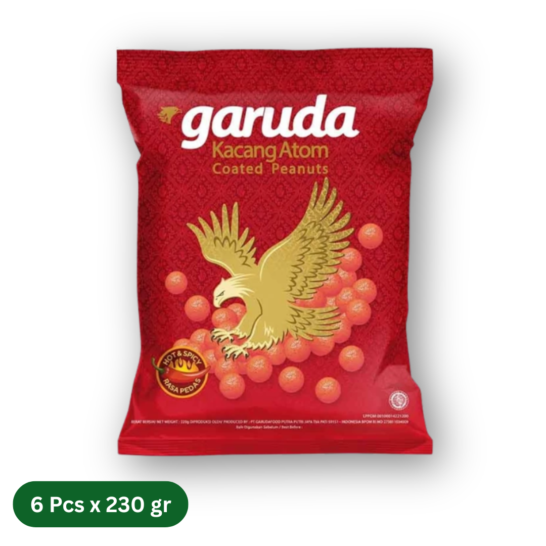 6 Packs of Garuda Kacang Atom Pedas - Spicy Coated Peanuts (6 x 230 gr)