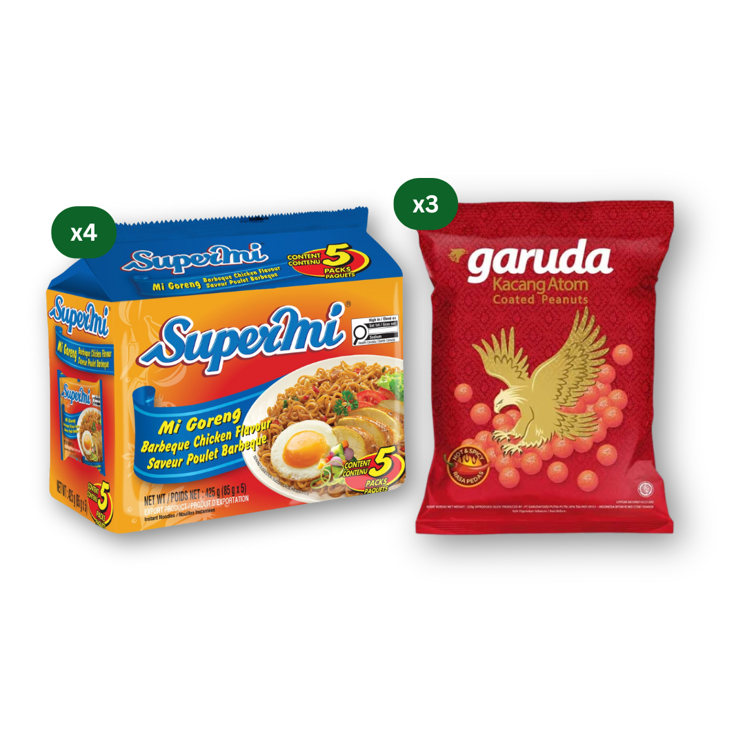 Supermi Mi Goreng Barbeque Chicken (20 pk) [BBD: Aug 2026] + 3 Packs of Garuda Kacang Atom Pedas - Spicy Coated Peanuts (3 x 230 gr)