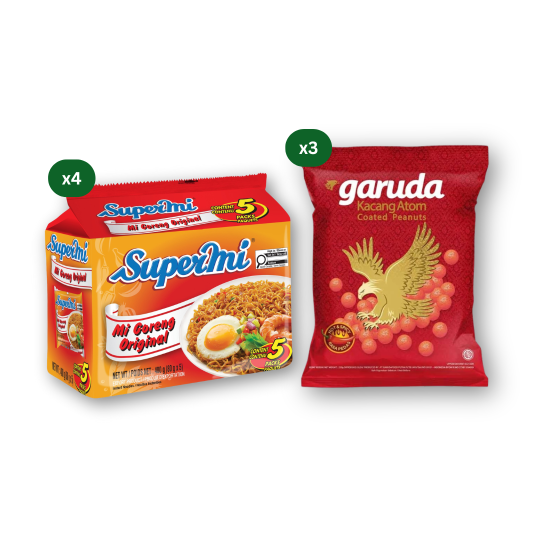 Supermi Mi Goreng Original (20 pk) [BBD: Aug 2026] + 3 Packs of Garuda Kacang Atom Pedas - Spicy Coated Peanuts (3 x 230 gr)
