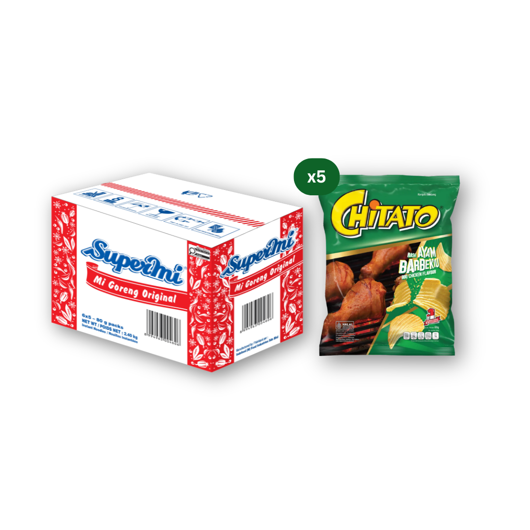 Supermi Mi Goreng Original (30 pk) [BBD: Aug 2026] + Chitato BBQ Chicken Flavour (5 x 68 gr) [BBD: Aug 2026]