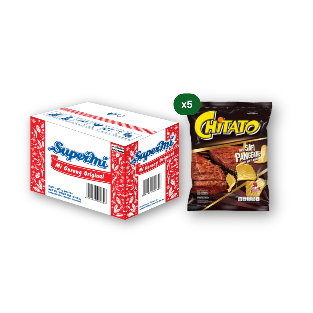 Supermi Mi Goreng Original (30 pk) [BBD: Aug 2026] + Chitato Beef BBQ Flavour (5 x 68 gr) [BBD: Aug 2026]