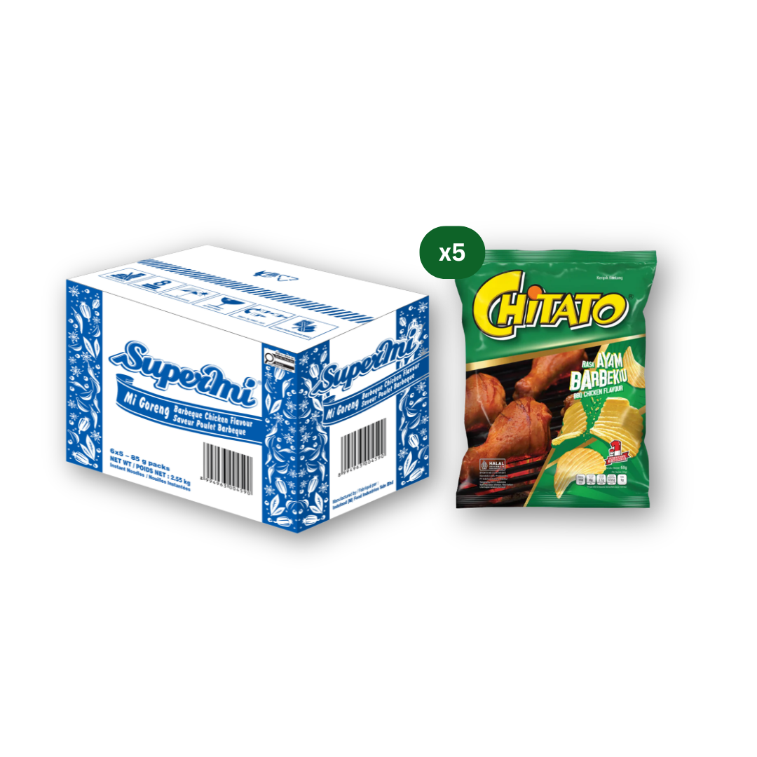 Supermi Mi Goreng Barbeque Chicken (30 pk) [BBD: Aug 2026] + Chitato BBQ Chicken Flavour (5 x 68 gr) [BBD: Aug 2026]
