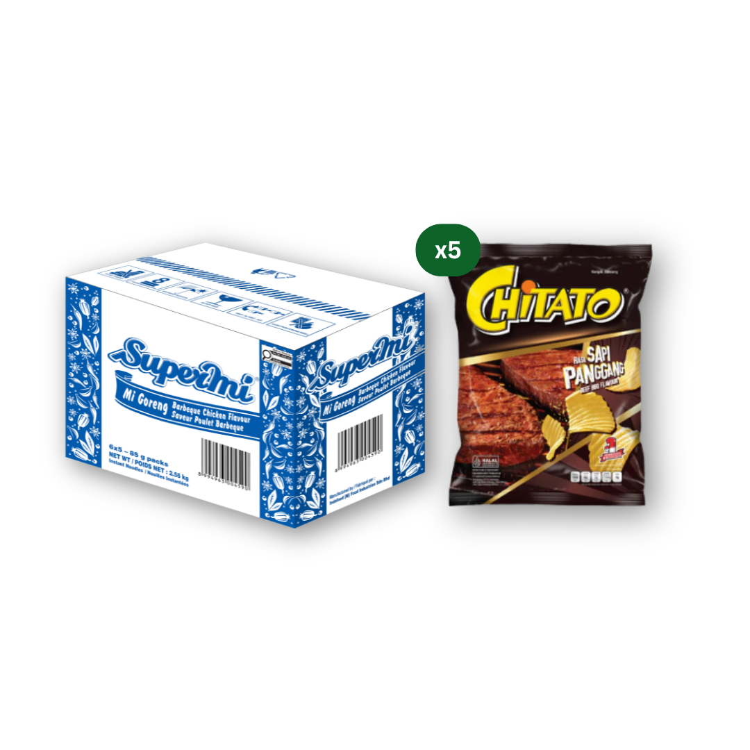 Supermi Mi Goreng Barbeque Chicken (30 pk) [BBD: Aug 2026] + Chitato Beef BBQ Flavour (5 x 68 gr) [BBD: Aug 2026]