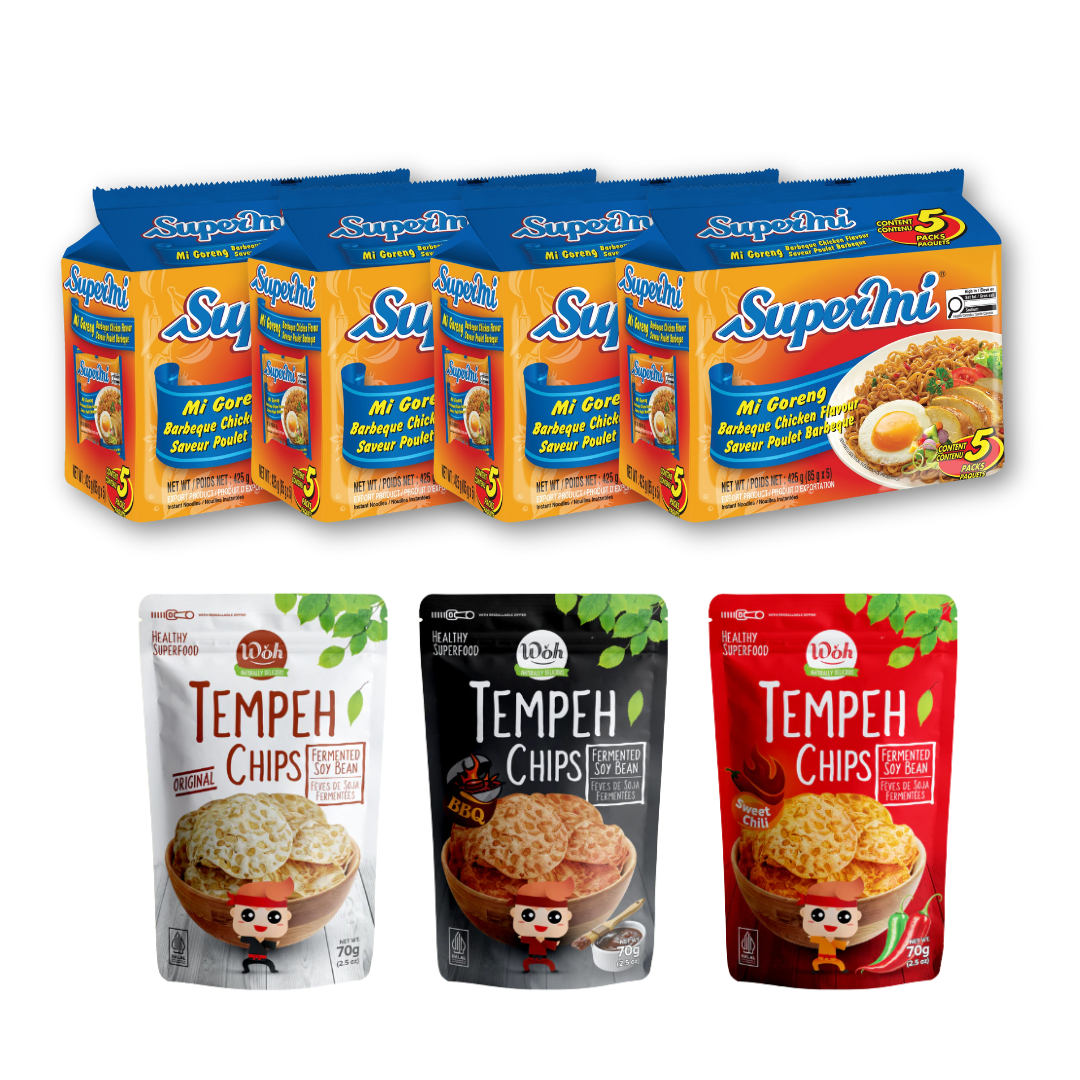 Supermi Mi Goreng Barbeque Chicken (20 pk) [BBD: Aug 2026] + WOH Tempeh Chips Mix Variant - Original (1 pc) + BBQ (1 pc) + Sweet Chili (1 pc)