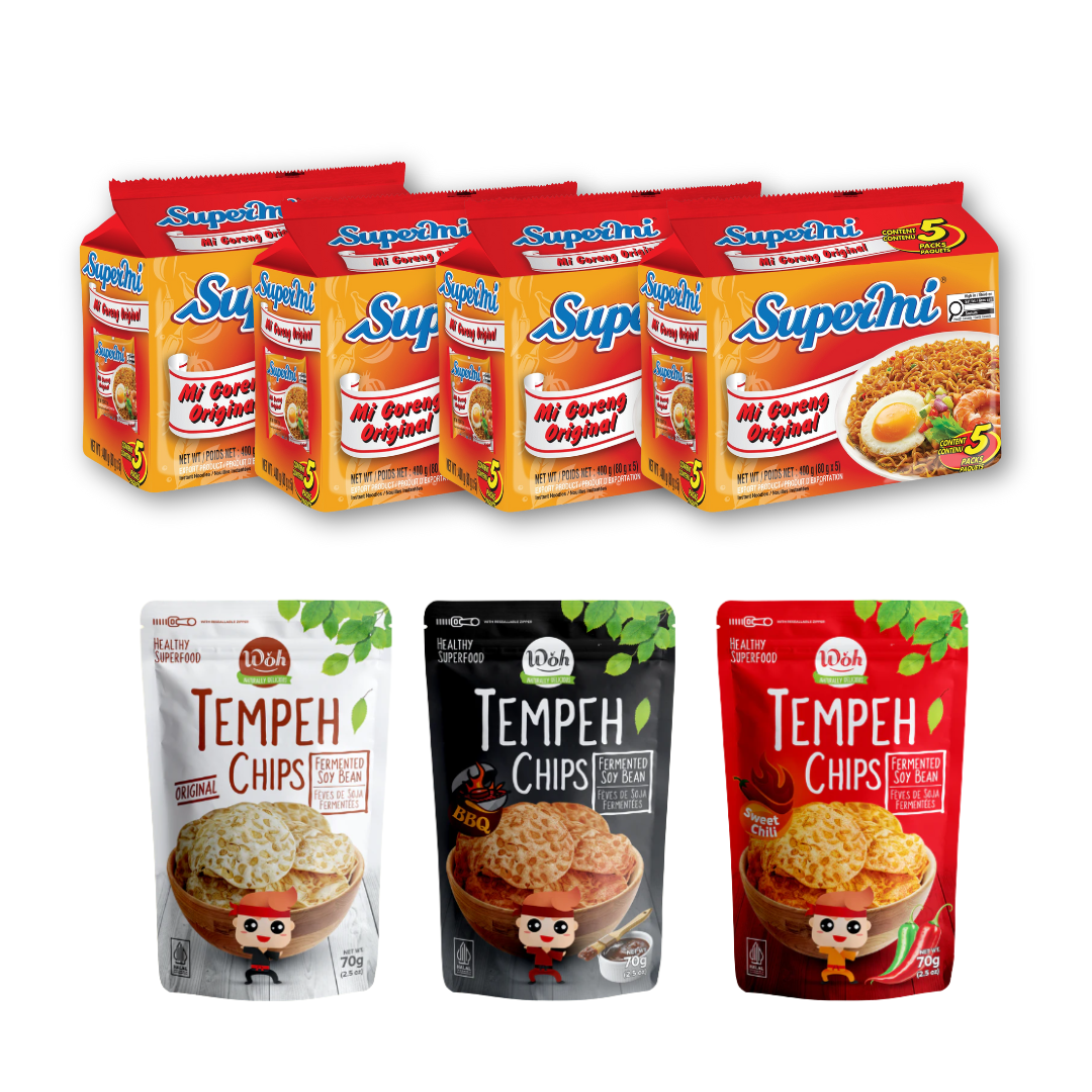 Supermi Mi Goreng Original (20 pk) [BBD: Aug 2026] + WOH Tempeh Chips Mix Variant - Original (1 pc) + BBQ (1 pc) + Sweet Chili (1 pc)