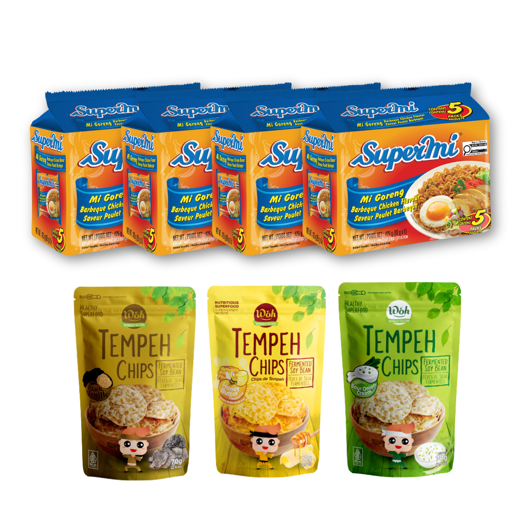 Supermi Mi Goreng Barbeque Chicken (20 pk) [BBD: Aug 2026] + WOH Tempeh Chips Mix Variant - Black Truffle (1 pc) + Honey Butter (1 pc) + Sour Onion & Cream (1 pc)
