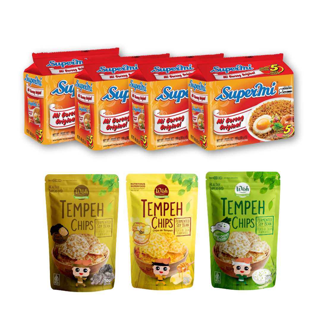 Supermi Mi Goreng Original (20 pk) [BBD: Aug 2026] + WOH Tempeh Chips Mix Variant - Black Truffle (1 pc) + Honey Butter (1 pc) + Sour Onion & Cream (1 pc)