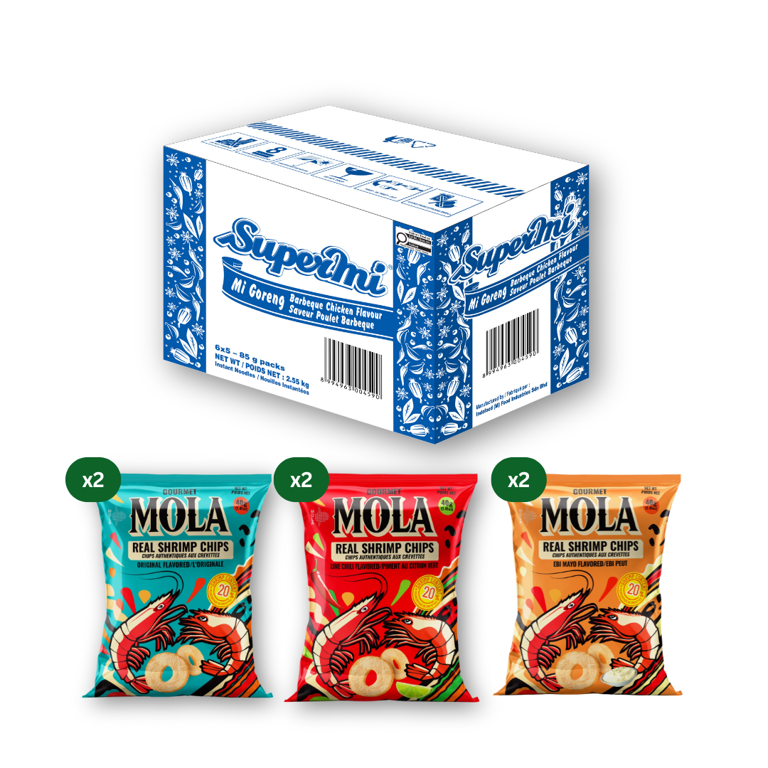Supermi Mi Goreng Barbeque Chicken (30 pk) [BBD: Aug 2026] + MOLA Real Shrimp Chips Mix Variant - Original (2 pcs) + Ebi Mayo (2 pcs) + Lime Chili (2 pcs)