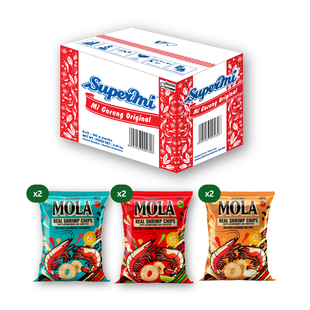 Supermi Mi Goreng Original (30 pk) [BBD: Aug 2026] + MOLA Real Shrimp Chips Mix Variant - Original (2 pcs) +  Ebi Mayo (2 pcs) + Lime Chili (2 pcs)