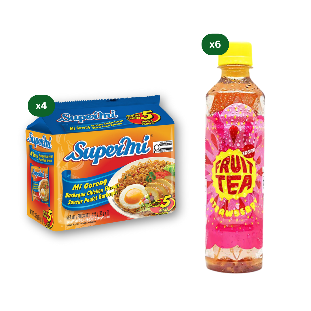 Supermi Mi Goreng Barbeque Chicken (20 pk) [BBD: Aug 2026] + 6 Packs of Fruit Tea Sosro Strawberry (6 x 350 ml)