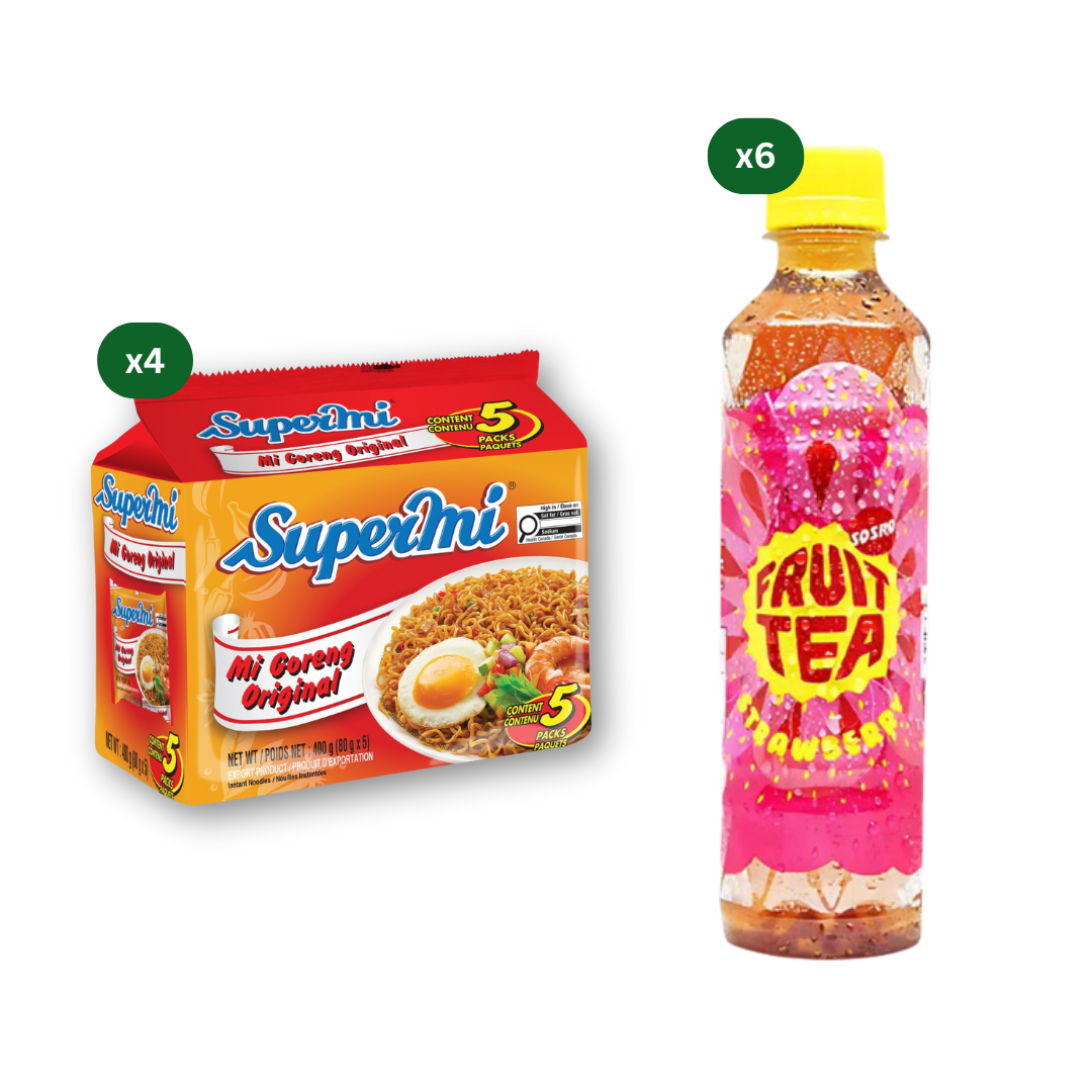 Supermi Mi Goreng Original (20 pk) [BBD: Aug 2026] + 6 Packs of Fruit Tea Sosro Strawberry (6 x 350 ml)