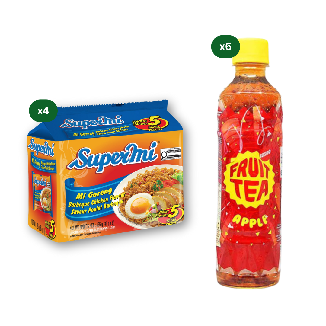 Supermi Mi Goreng Barbeque Chicken (20 pk) [BBD: Aug 2026] + 6 Packs of Fruit Tea Sosro Apple (6 x 350 ml)