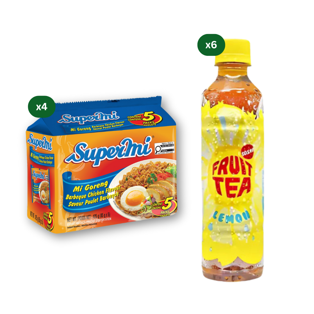 Supermi Mi Goreng Barbeque Chicken (20 pk) [BBD: Aug 2026] + 6 Packs of Fruit Tea Sosro Lemon (6 x 350 ml)