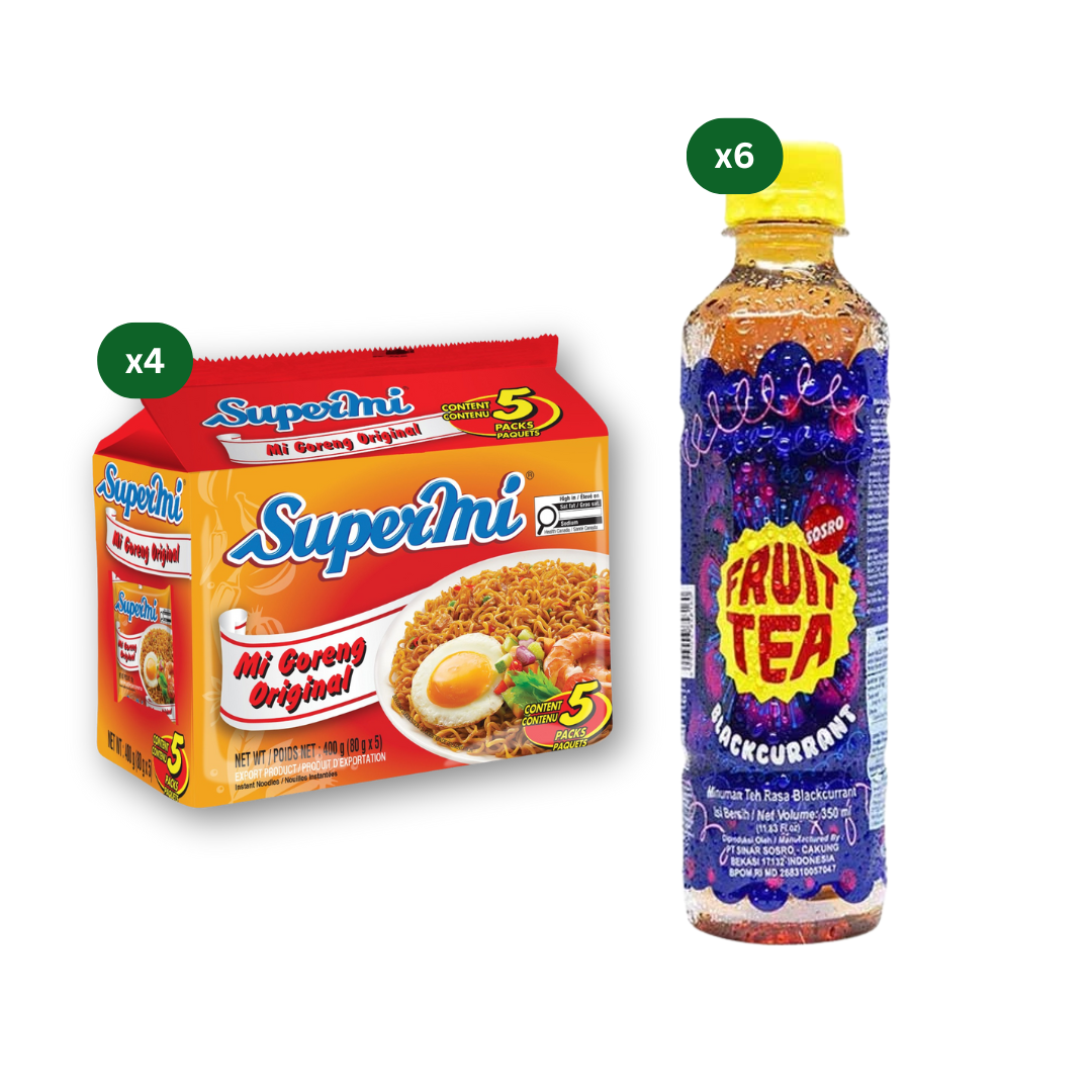 Supermi Mi Goreng Original (20 pk) [BBD: Aug 2026] + 6 Packs of Fruit Tea Sosro Blackcurrant (6 x 350 ml)