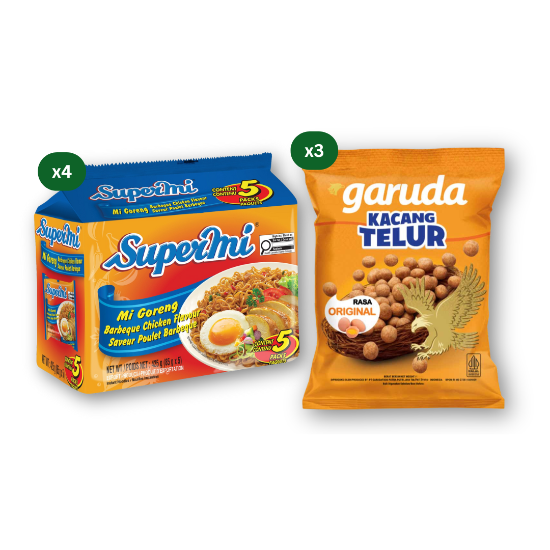 Supermi Mi Goreng Barbeque Chicken (20 pk) [BBD: Aug 2026] + 3 Packs of Garuda Kacang Telur – Egg Coated Peanuts (3 x 210 gr)