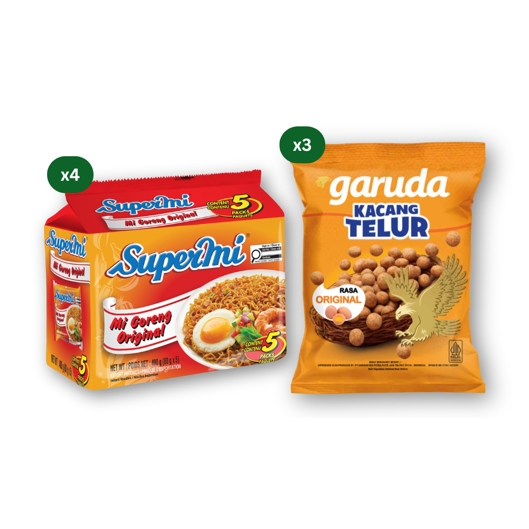 Supermi Mi Goreng Original (20 pk) [BBD: Aug 2026] + 3 Packs of Garuda Kacang Telur – Egg Coated Peanuts (3 x 210 gr)